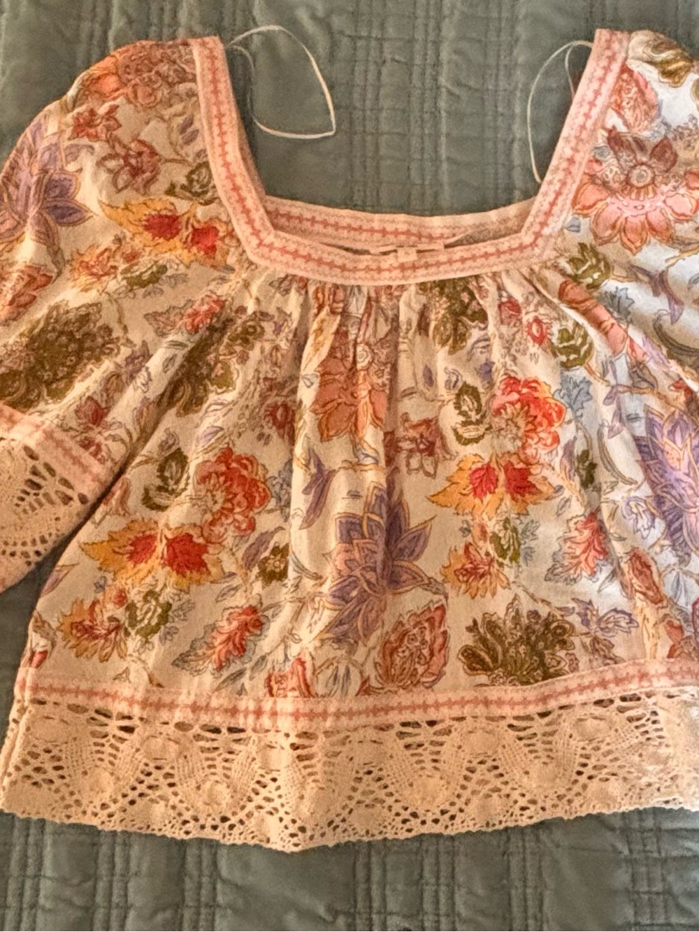 Floral Lace-Trim Peasant Top - Pink Multi